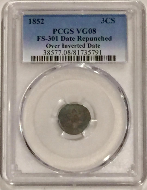1852 PCGS VG08 FS-301 DATE REPUNCHED OVER INVERTED DATE